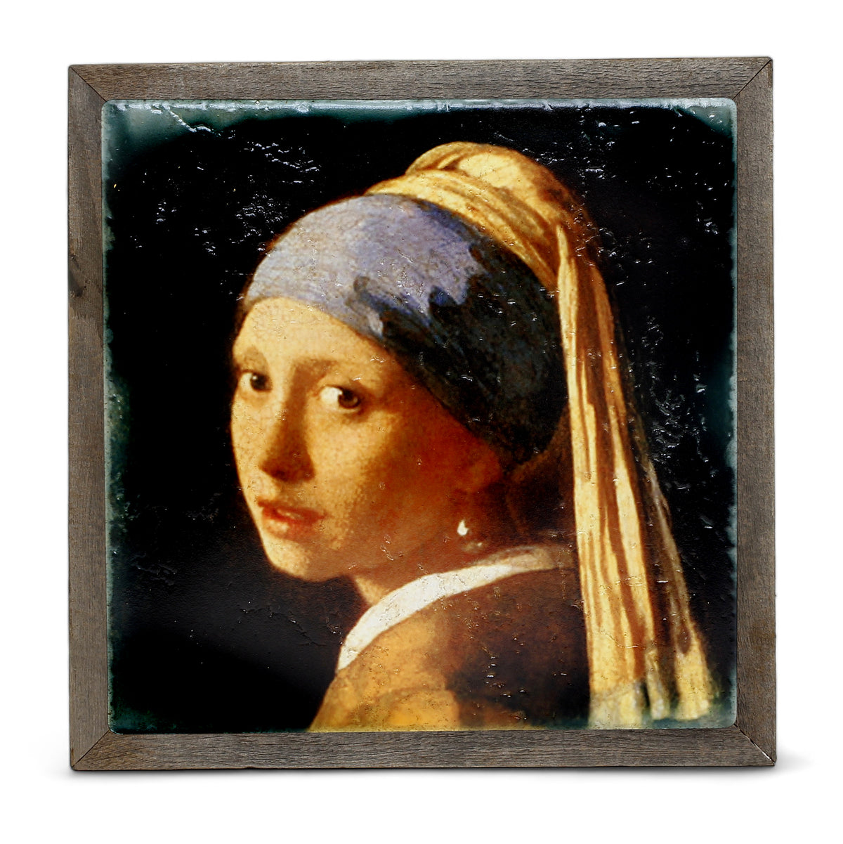AFFRESCO: Ceramic Tuscan Tile on Distressed Reclaimed Barn Wood Frame - Opera "Girl with a Pearl Earring" by Johannes Vermeer