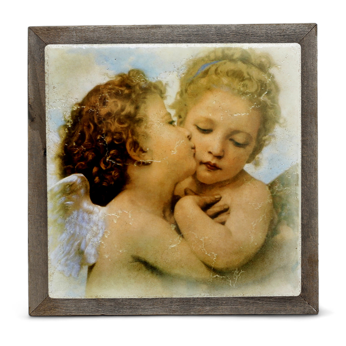 AFFRESCO: Ceramic Tuscan Tile on Distressed Reclaimed Barn Wood Frame - Opera "L'Amour et Psyché" by William Adolphe Bouguereau