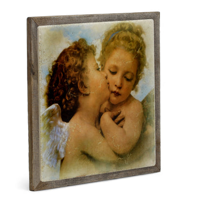 AFFRESCO: Ceramic Tuscan Tile on Distressed Reclaimed Barn Wood Frame - Opera "L'Amour et Psyché" by William Adolphe Bouguereau