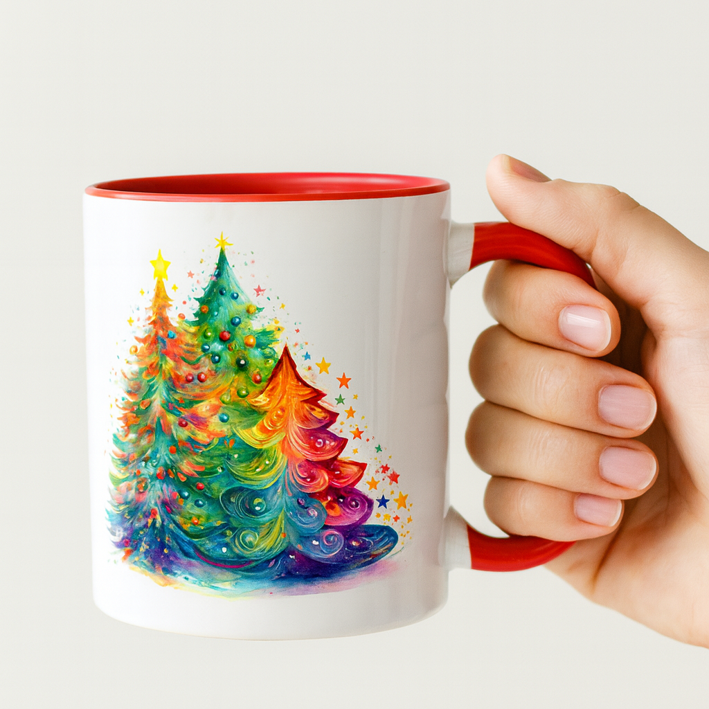 SUBLIMART: Christmas Tree Accent Coffee Mug, Holiday Gift, Cozy Home Decor, Festive Drinkware, Colorful Xmas Mug, Seasonal Beverage Cup
