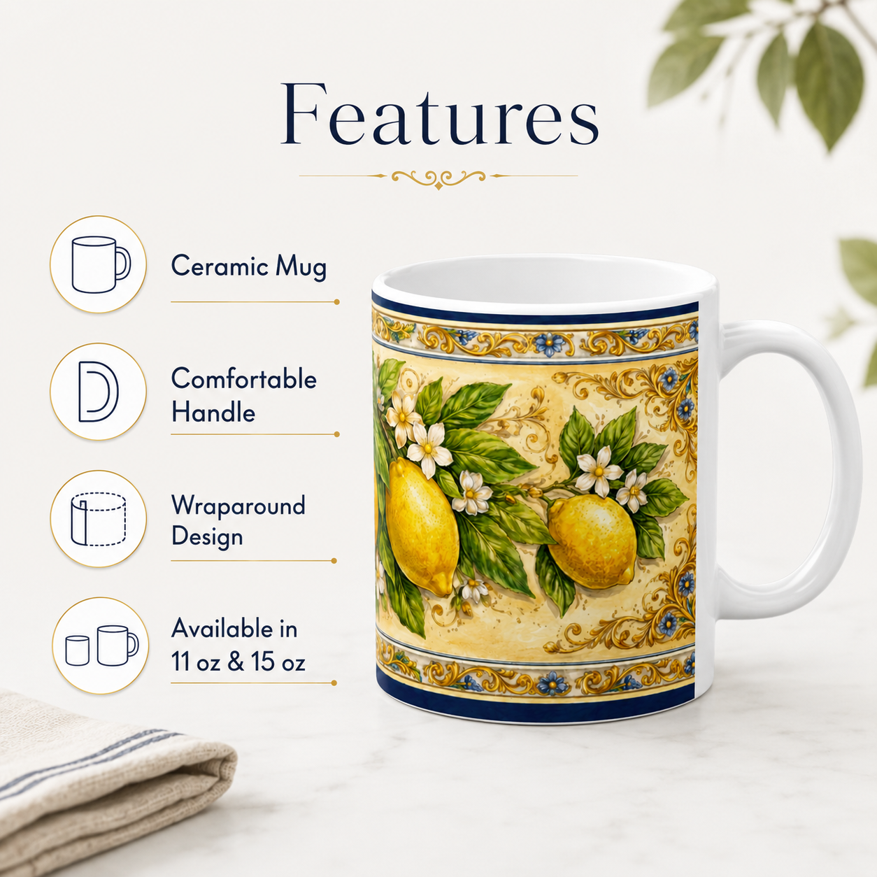 Tuscan Lemon Ceramic Printed Mug - Italian Citrus Coffee Mug (11oz & 15oz) [PTY] View #2 - Sublimation Printed Ceramic USA