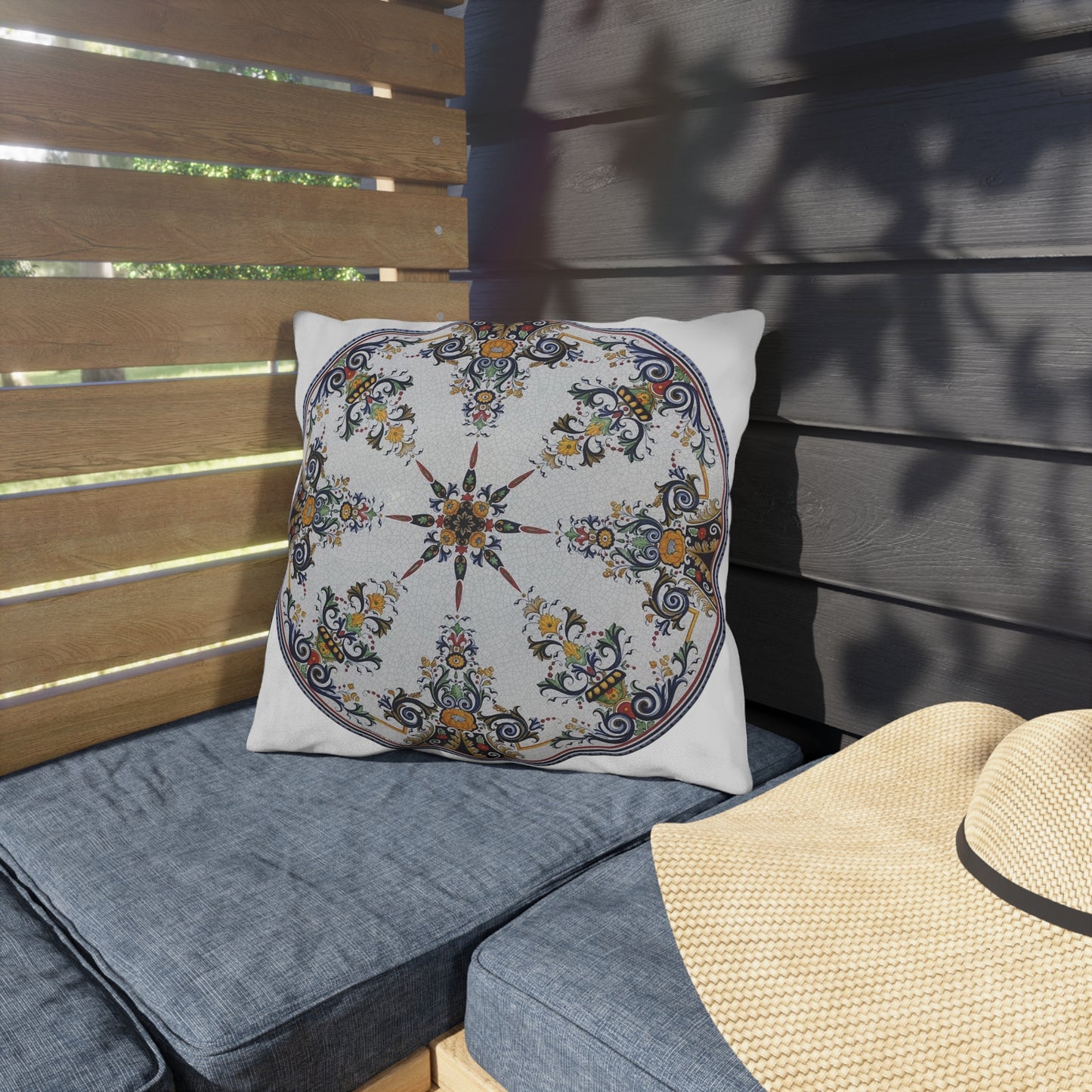 Mediterranean Tile Outdoor Pillow - Floral Mandala Patio Decor
