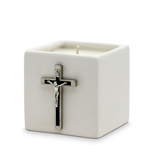 CHRISTIAN CANDLE: Crucifix Catholic Candle – White Ceramic 10 oz Favor