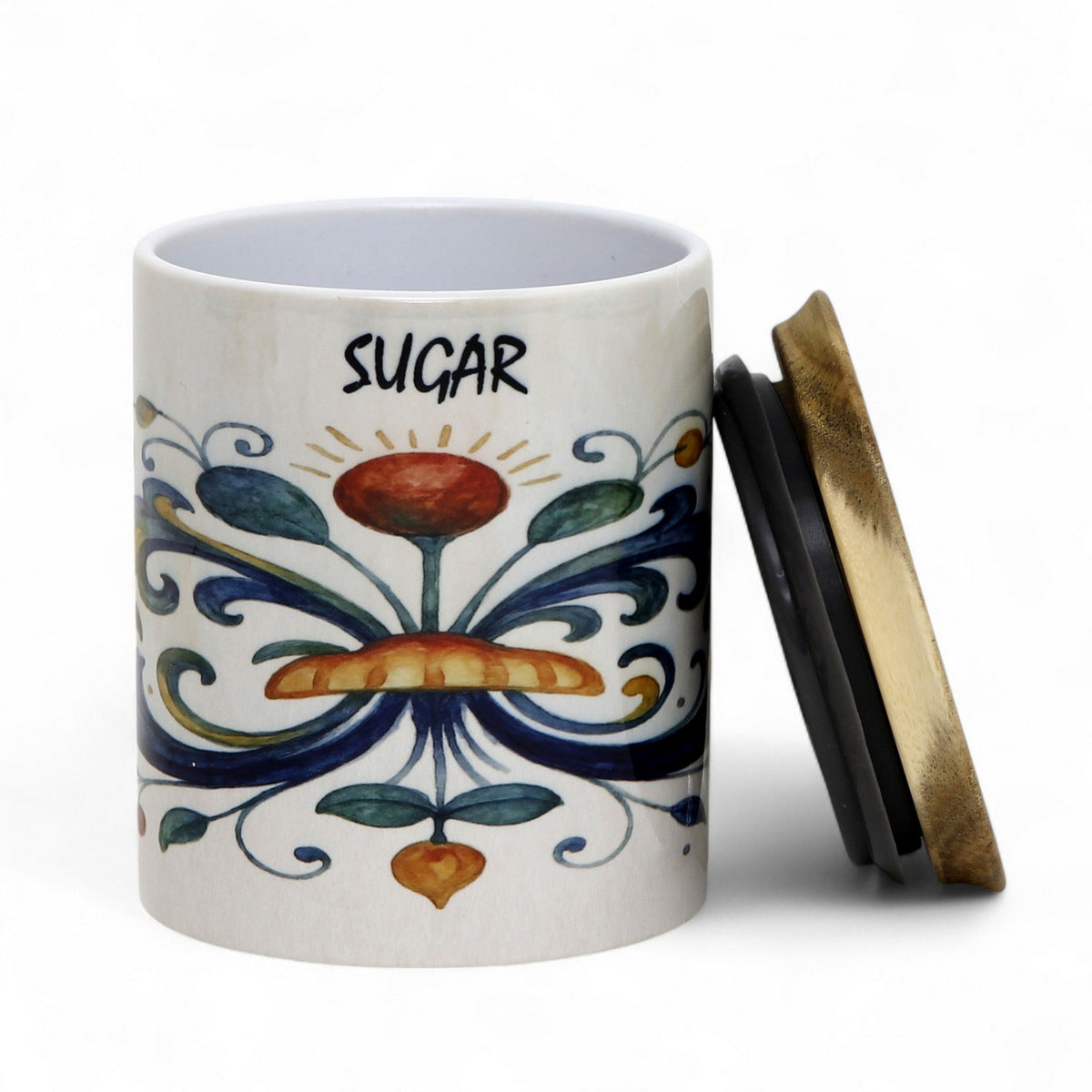 RICCO ITALIA DERUTA: Small Canister with Air Tight Wood Lid 'SUGAR' or 'ZUCCHERO' script -  by Mario Bruno Designs