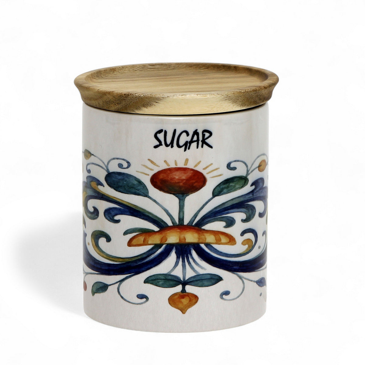 RICCO ITALIA DERUTA: Small Canister with Air Tight Wood Lid 'SUGAR' or 'ZUCCHERO' script -  by Mario Bruno Designs