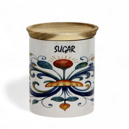 RICCO ITALIA DERUTA: Small Canister with Air Tight Wood Lid 'SUGAR' or 'ZUCCHERO' script -  by Mario Bruno Designs