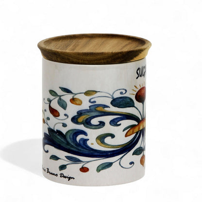 RICCO ITALIA DERUTA: Small Canister with Air Tight Wood Lid 'SUGAR' or 'ZUCCHERO' script -  by Mario Bruno Designs