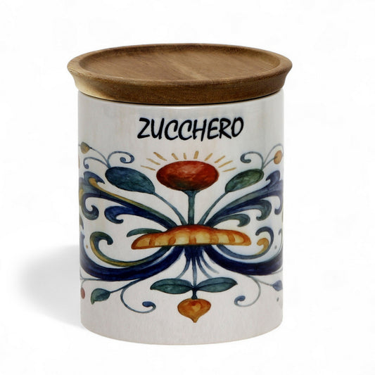 RICCO ITALIA DERUTA: Small Canister with Air Tight Wood Lid 'SUGAR' or 'ZUCCHERO' script -  by Mario Bruno Designs
