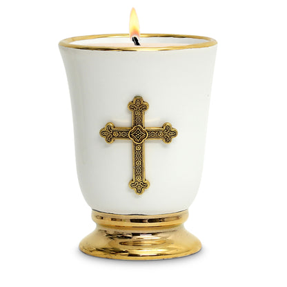 CHRISTIAN CANDLE: Deluxe Ceramic Cup Candle with 24K Gold Rims and Gold Cross (12 oz Soy Wax)