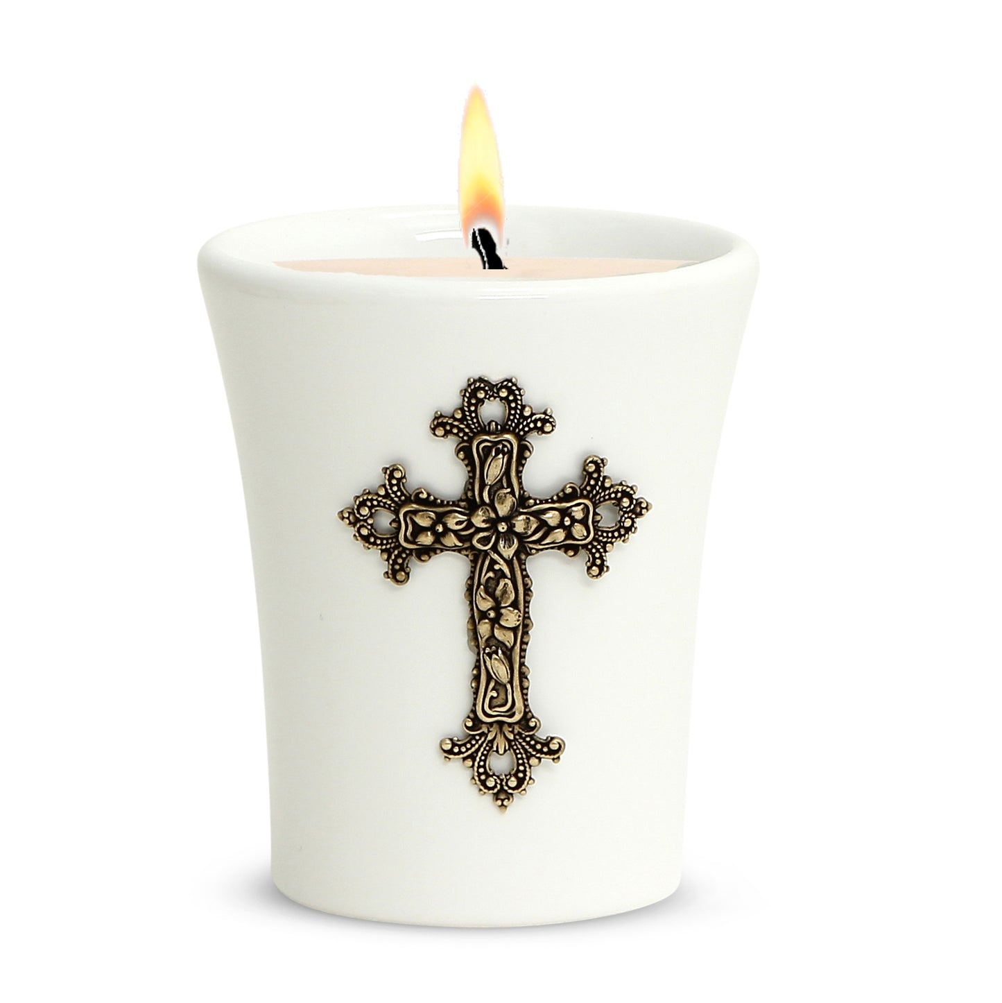 CHRISTIAN CANDLE: Deruta White Ceramic Flared Round Soy Wax Candle – 11 oz Soy Wax with Silver or Brass Cross