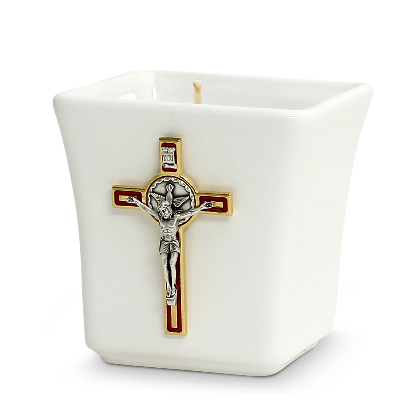 CHRISTIAN CANDLE: Deruta Ceramic Square with St. Benedict Cross Candle – 14 oz Soy Wax Candle - Sublimation Printed Gift USA