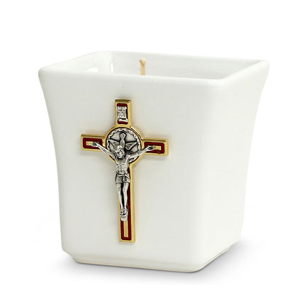 CHRISTIAN CANDLE: Deruta Ceramic Square with St. Benedict Cross Candle – 14 oz Soy Wax Candle - Sublimation Printed Gift USA