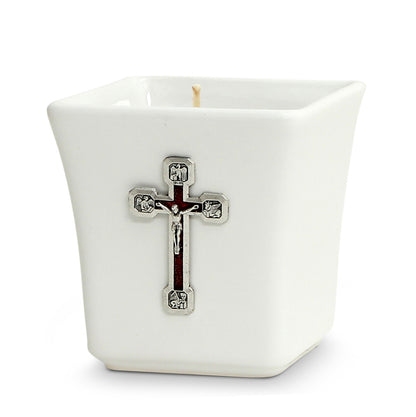 CHRISTIAN CANDLE: Deruta Ceramic Square with Metal Crucifix Ornament – 14 oz Devotional Gift - Decorative Sublimation USA