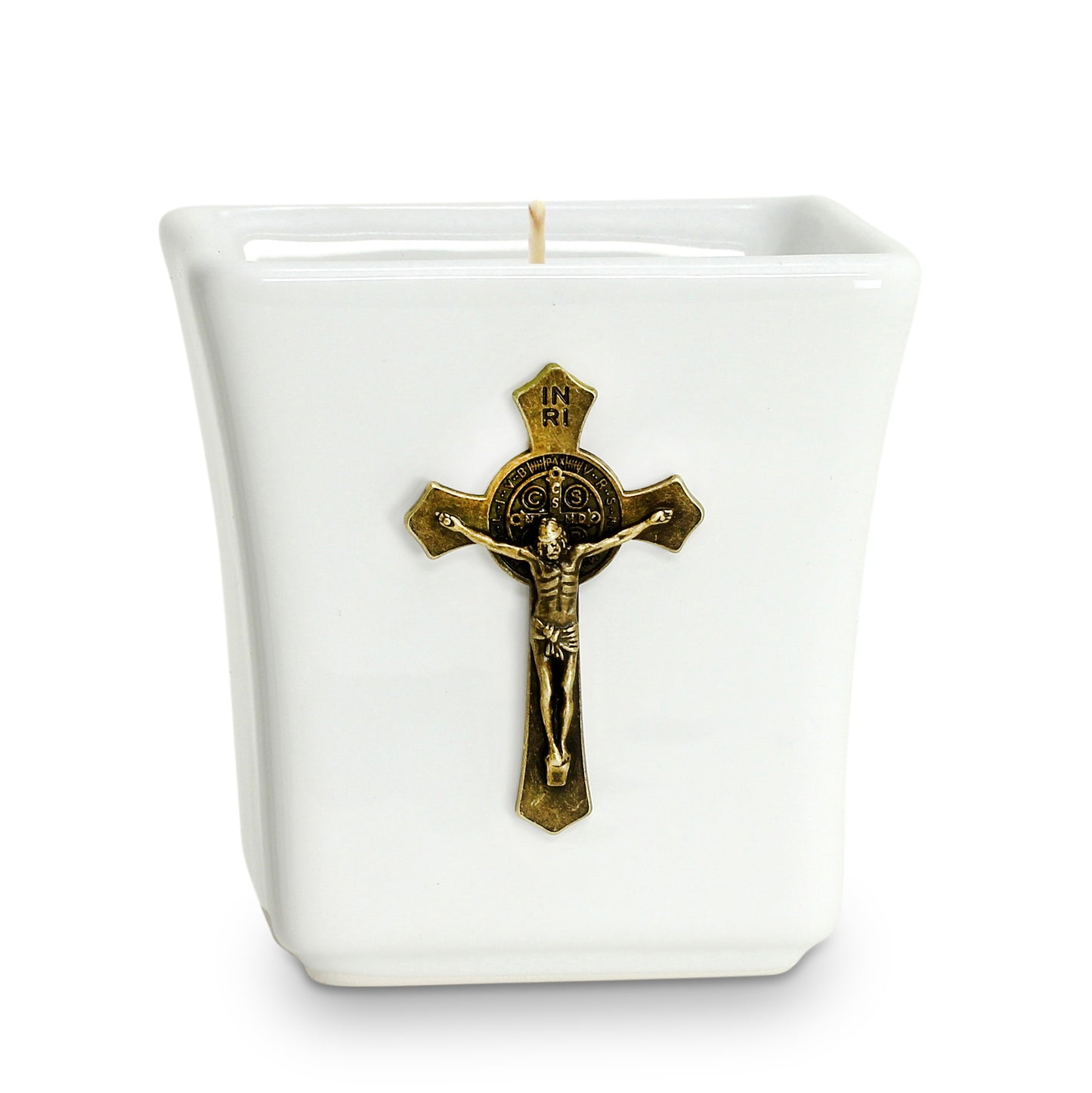CHRISTIAN CANDLE: Deruta Ceramic Square with Metal Crucifix Ornament (14 oz) – Deruta Italy | Catholic Gift View #3 - USA