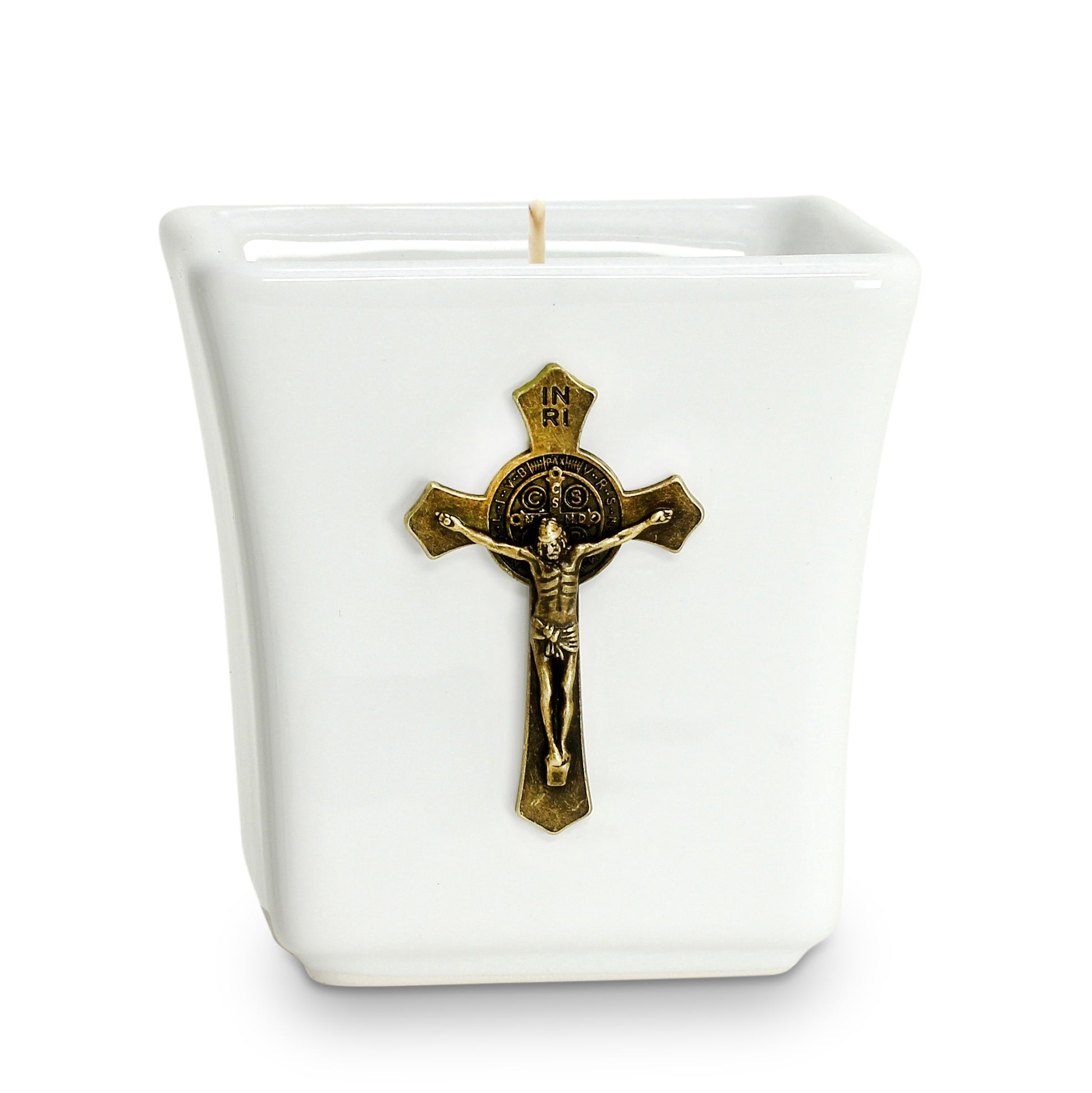 CHRISTIAN CANDLE: Deruta Ceramic Square with Metal Crucifix Ornament (14 oz) – Deruta Italy | Catholic Gift View #3 - USA