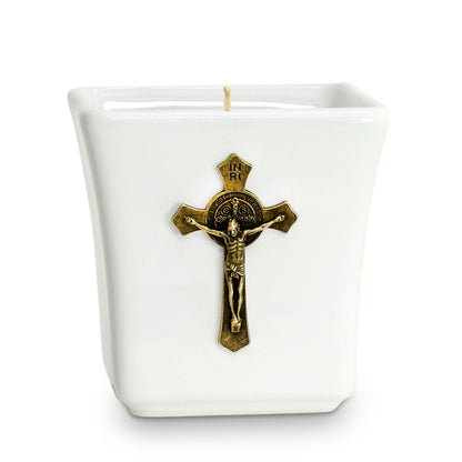CHRISTIAN CANDLE: Deruta Ceramic Square with Metal Crucifix Ornament (14 oz) – Deruta Italy | Catholic Gift View #3 - USA
