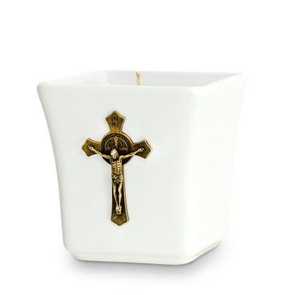 CHRISTIAN CANDLE: Deruta Ceramic Square with Metal Crucifix Ornament (14 oz) – Deruta Italy | Catholic Gift - USA