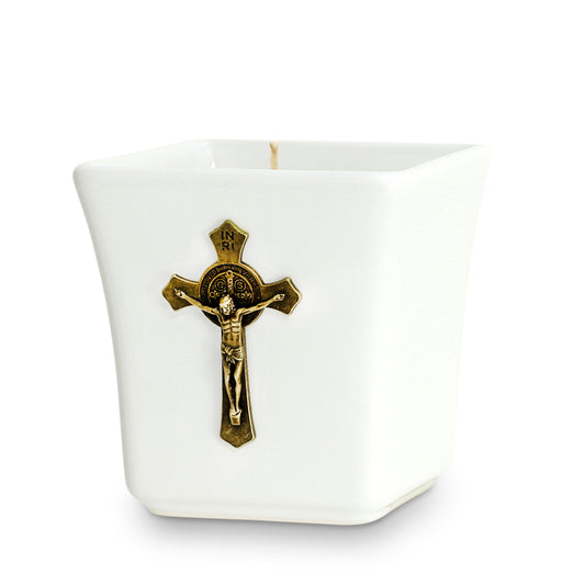 CHRISTIAN CANDLE: Deruta Ceramic Square with Metal Crucifix Ornament (14 oz) – Deruta Italy | Catholic Gift