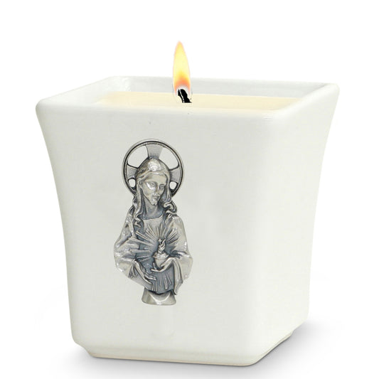 CHRISTIAN CANDLE: Deruta Ceramic Square with Sacred Heart Metal Ornament – 14 oz Soy Wax | Catholic Devotional Gift