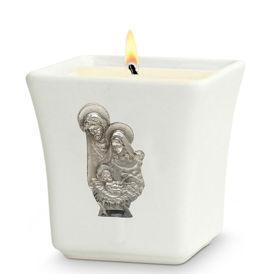 CHRISTIAN CANDLE: Deruta Ceramic Square with Sacred Family Metal Ornament – 14 oz Devotional Gift
