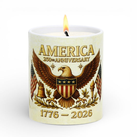 SUBLIMART: USA-250 Anniversary Candle - Reusable Ceramic Tumbler with wood lid - (11 Oz)
