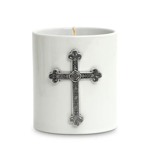 CHRISTIAN CANDLE: Porcelain Cross Candle – 10 oz Antique Silver Christian Gift