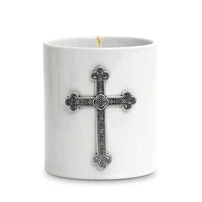 CHRISTIAN CANDLE: Porcelain Cross Candle – 10 oz Antique Silver Christian Gift