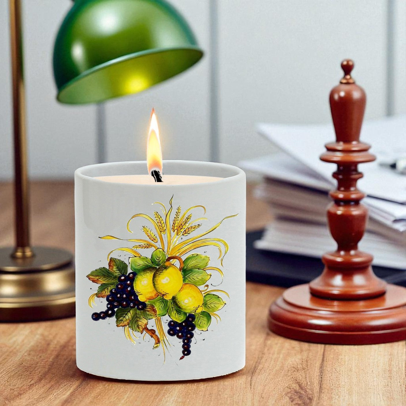 SUBLIMART: Italian Style Ceramic Candle with Lemon and Grape Harvest Design