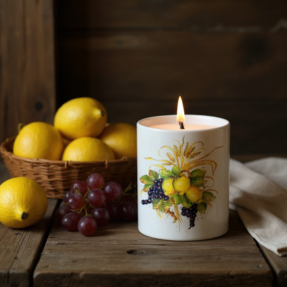 SUBLIMART: Italian Style Ceramic Candle with Lemon and Grape Harvest Design