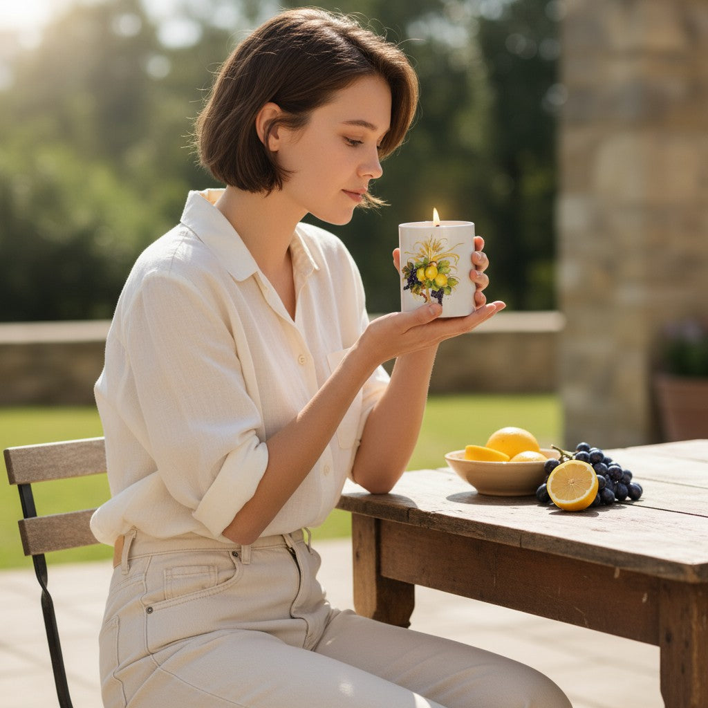 SUBLIMART: Italian Style Ceramic Candle with Lemon and Grape Harvest Design