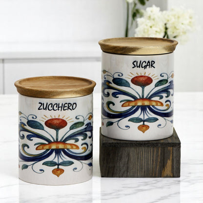 RICCO ITALIA DERUTA: Small Canister with Air Tight Wood Lid 'SUGAR' or 'ZUCCHERO' script -  by Mario Bruno Designs