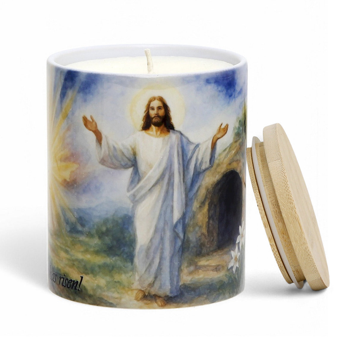 CHRISTIAN CANDLES: "He Has Risen!" Easter Candle - Porcelain Soy Wax Candle with Scripture Citations in English and Spanish.