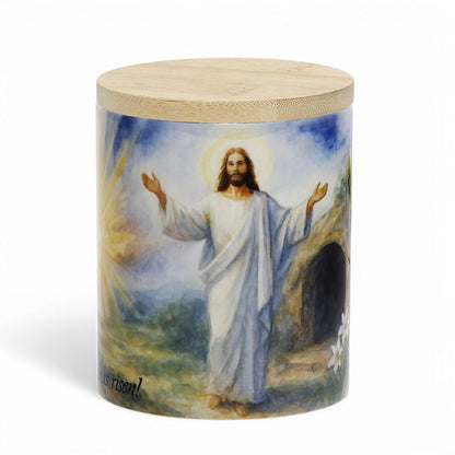 CHRISTIAN CANDLES: "He Has Risen!" Easter Candle - Porcelain Soy Wax Candle with Scripture Citations in English and Spanish.