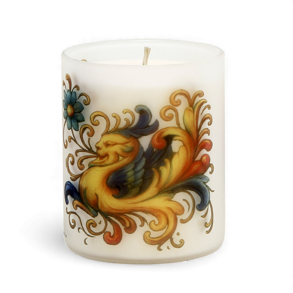 DERUTA DRAGO: Soy Wax Glass Candle inspired by the Raffaellesco design from Deruta, created by master artist Mario Bruno.