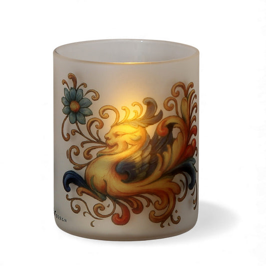 DERUTA DRAGO: Soy Wax Glass Candle inspired by the Raffaellesco design from Deruta, created by master artist Mario Bruno.