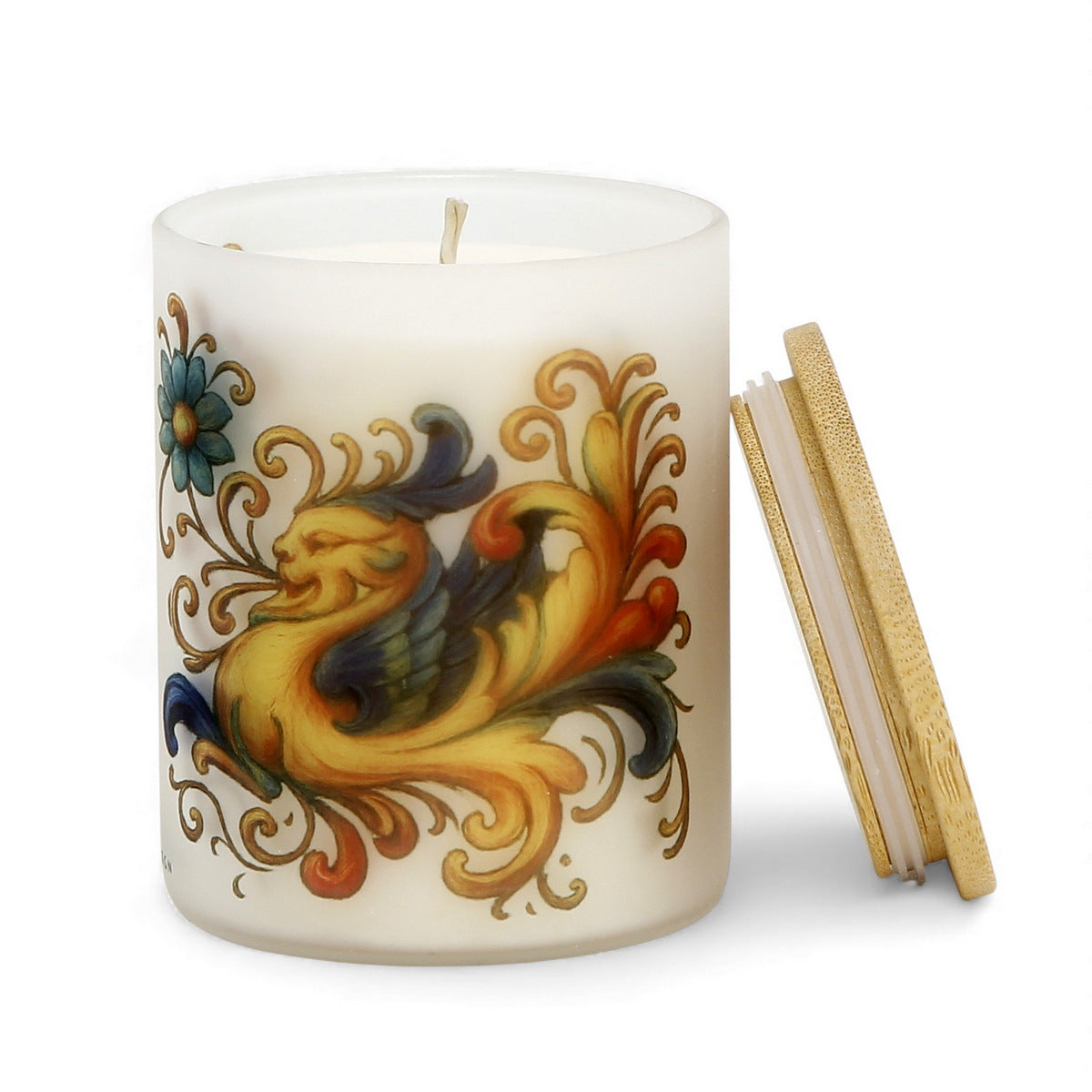 DERUTA DRAGO: Soy Wax Glass Candle inspired by the Raffaellesco design from Deruta, created by master artist Mario Bruno.