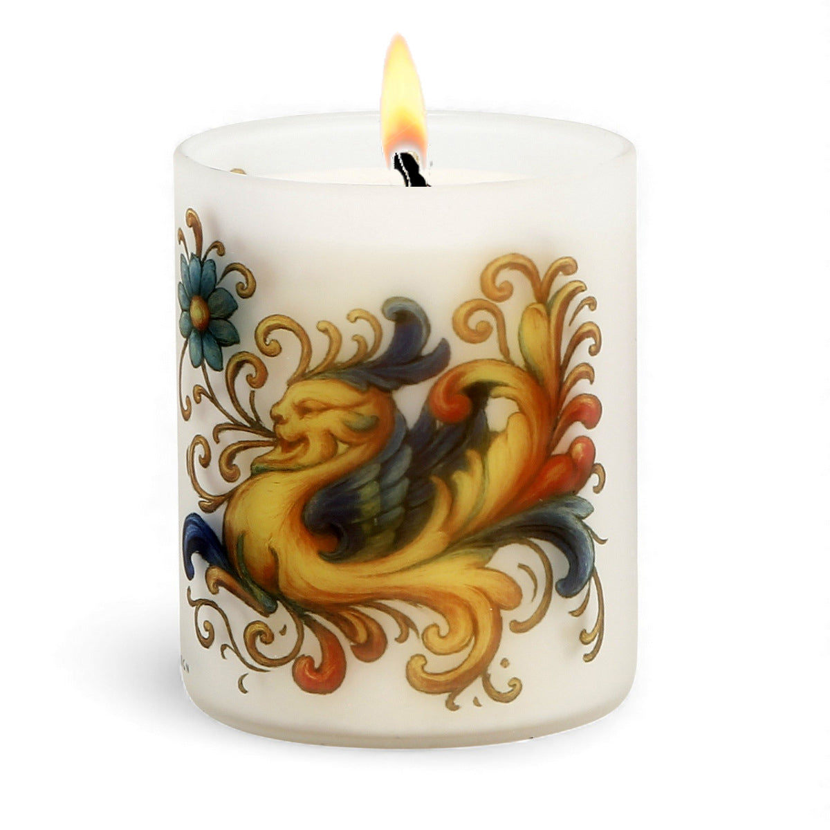 DERUTA DRAGO: Soy Wax Glass Candle inspired by the Raffaellesco design from Deruta, created by master artist Mario Bruno.