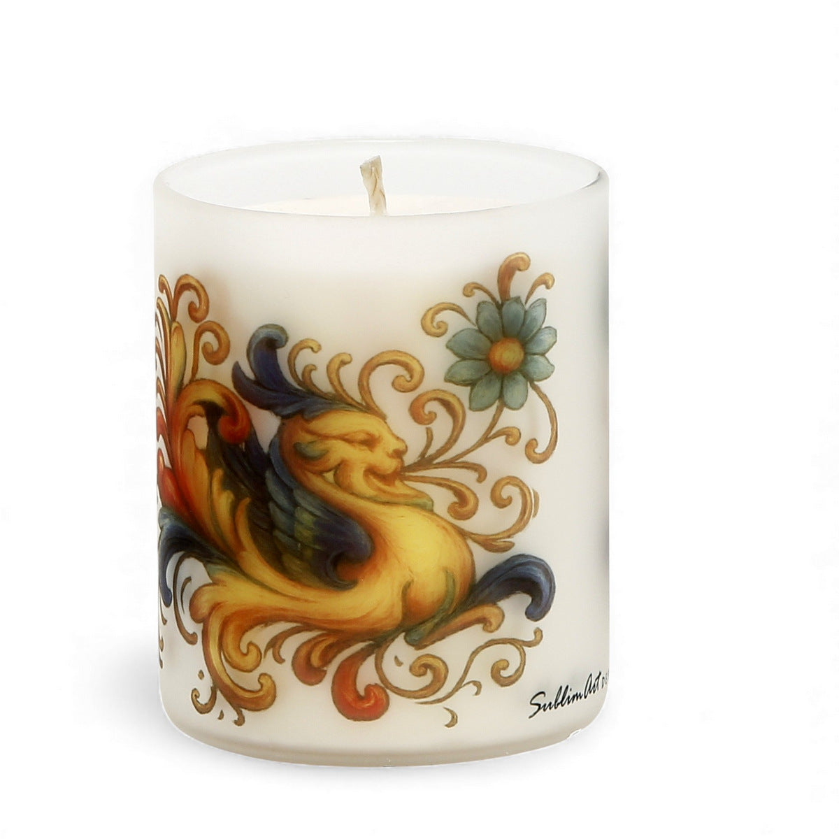 DERUTA DRAGO: Soy Wax Glass Candle inspired by the Raffaellesco design from Deruta, created by master artist Mario Bruno.
