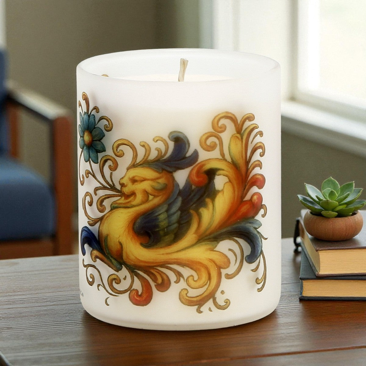 DERUTA DRAGO: Soy Wax Glass Candle inspired by the Raffaellesco design from Deruta, created by master artist Mario Bruno.