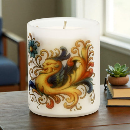 DERUTA DRAGO: Soy Wax Glass Candle inspired by the Raffaellesco design from Deruta, created by master artist Mario Bruno.