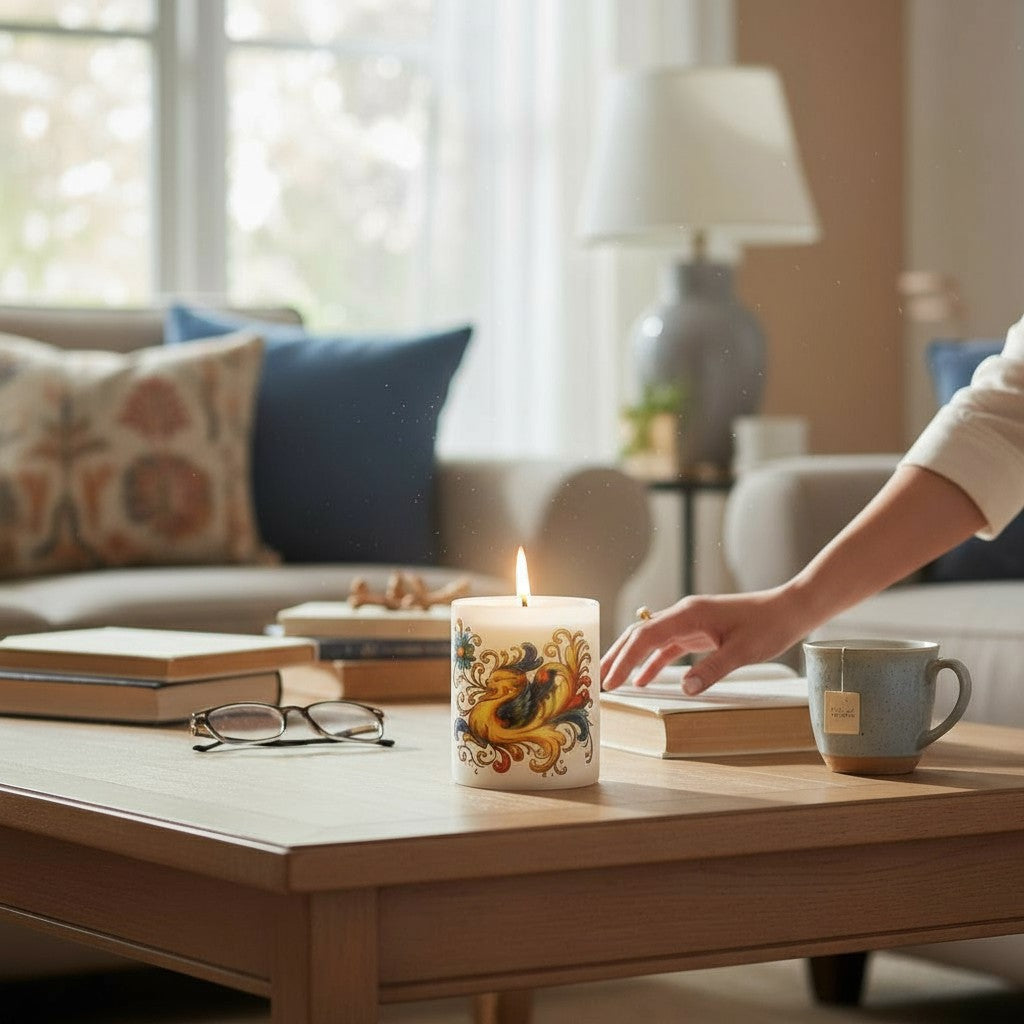 DERUTA DRAGO: Soy Wax Glass Candle inspired by the Raffaellesco design from Deruta, created by master artist Mario Bruno.