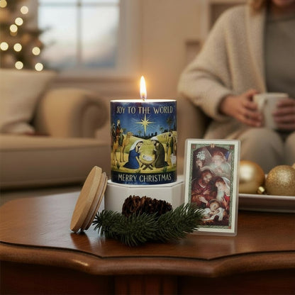 SUBLIMART: Christmas - Soy Wax Porcelain  Candle – Watercolor Nativity Design with laminated "Christmas Blessing" prayer card.