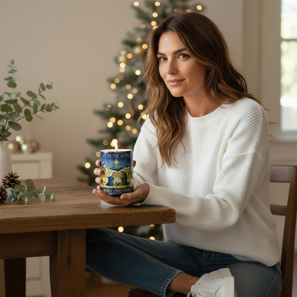 SUBLIMART: Christmas - Soy Wax Porcelain  Candle – Watercolor Nativity Design with laminated "Christmas Blessing" prayer card.