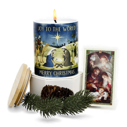 SUBLIMART: Christmas - Soy Wax Porcelain  Candle – Watercolor Nativity Design with laminated "Christmas Blessing" prayer card.