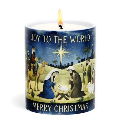 SUBLIMART: Christmas - Soy Wax Porcelain  Candle – Watercolor Nativity Design with laminated "Christmas Blessing" prayer card.