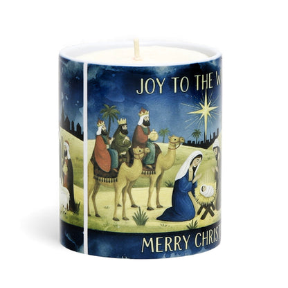 SUBLIMART: Christmas - Soy Wax Porcelain  Candle – Watercolor Nativity Design with laminated "Christmas Blessing" prayer card.