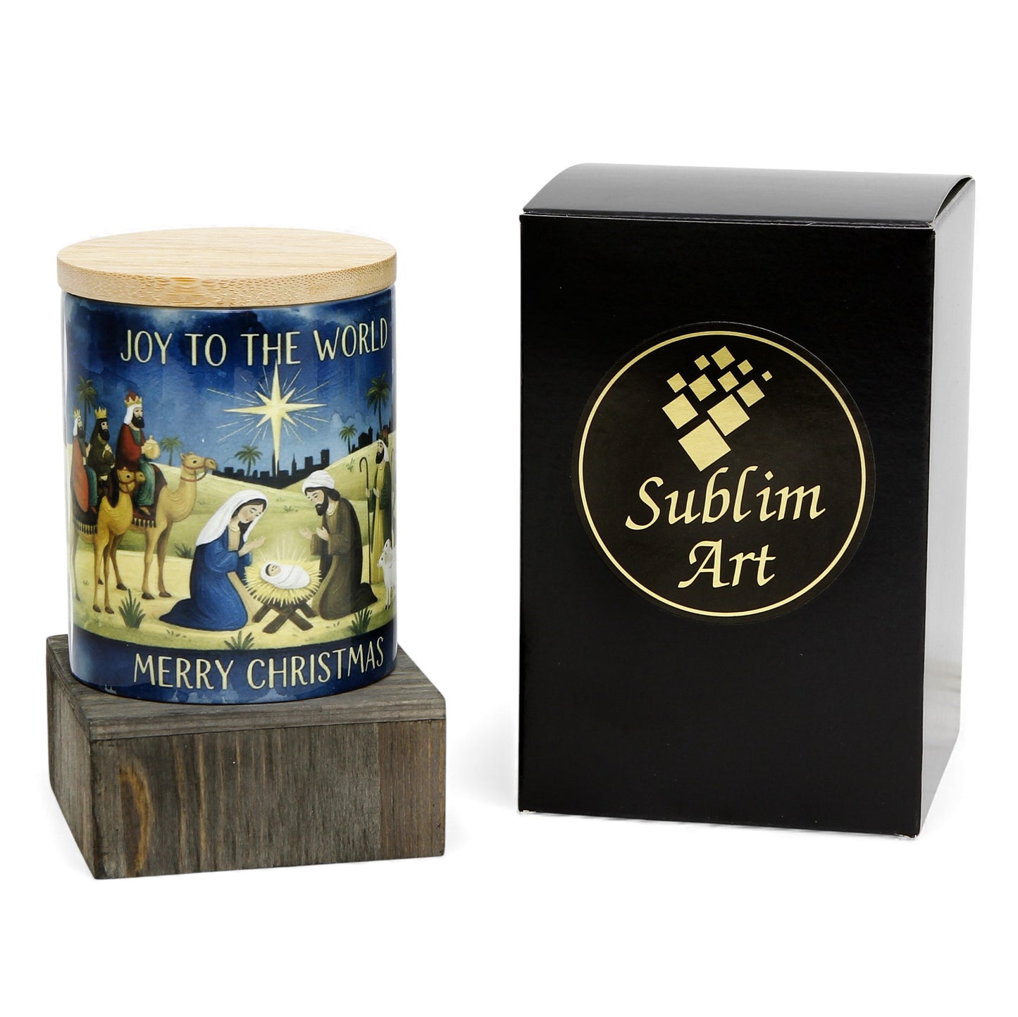 SUBLIMART: Christmas - Soy Wax Porcelain  Candle – Watercolor Nativity Design with laminated "Christmas Blessing" prayer card.