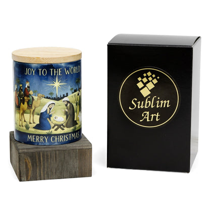 SUBLIMART: Christmas - Soy Wax Porcelain  Candle – Watercolor Nativity Design with laminated "Christmas Blessing" prayer card.