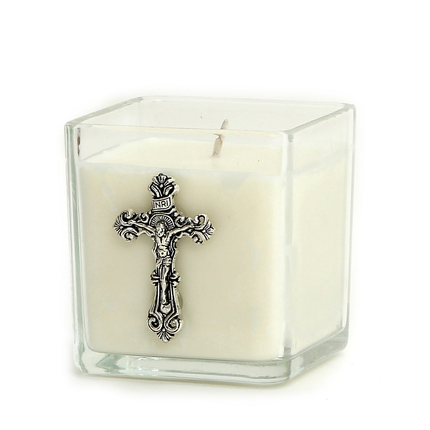 CHRISTIAN CANDLE: Glass Crucifix Candle – 10 oz Unscented Soy Wax