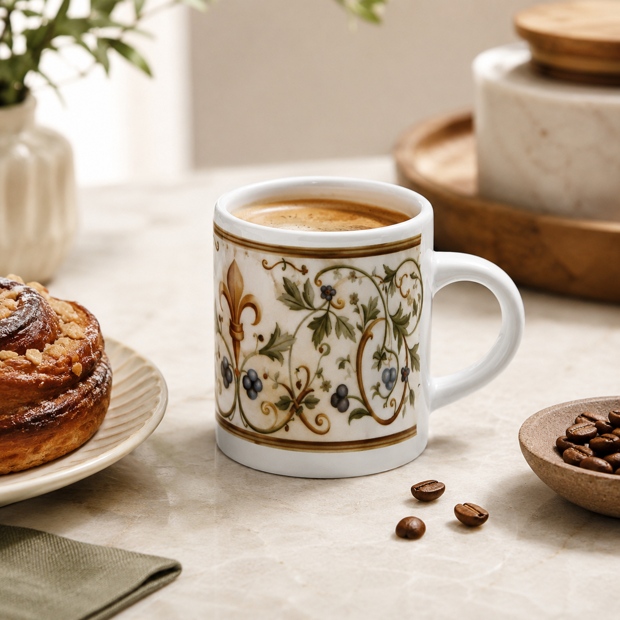 Italian Espresso Cup 3 oz, Ceramic Coffee Cup, Renaissance Floral Design, Coffee Lover Gift